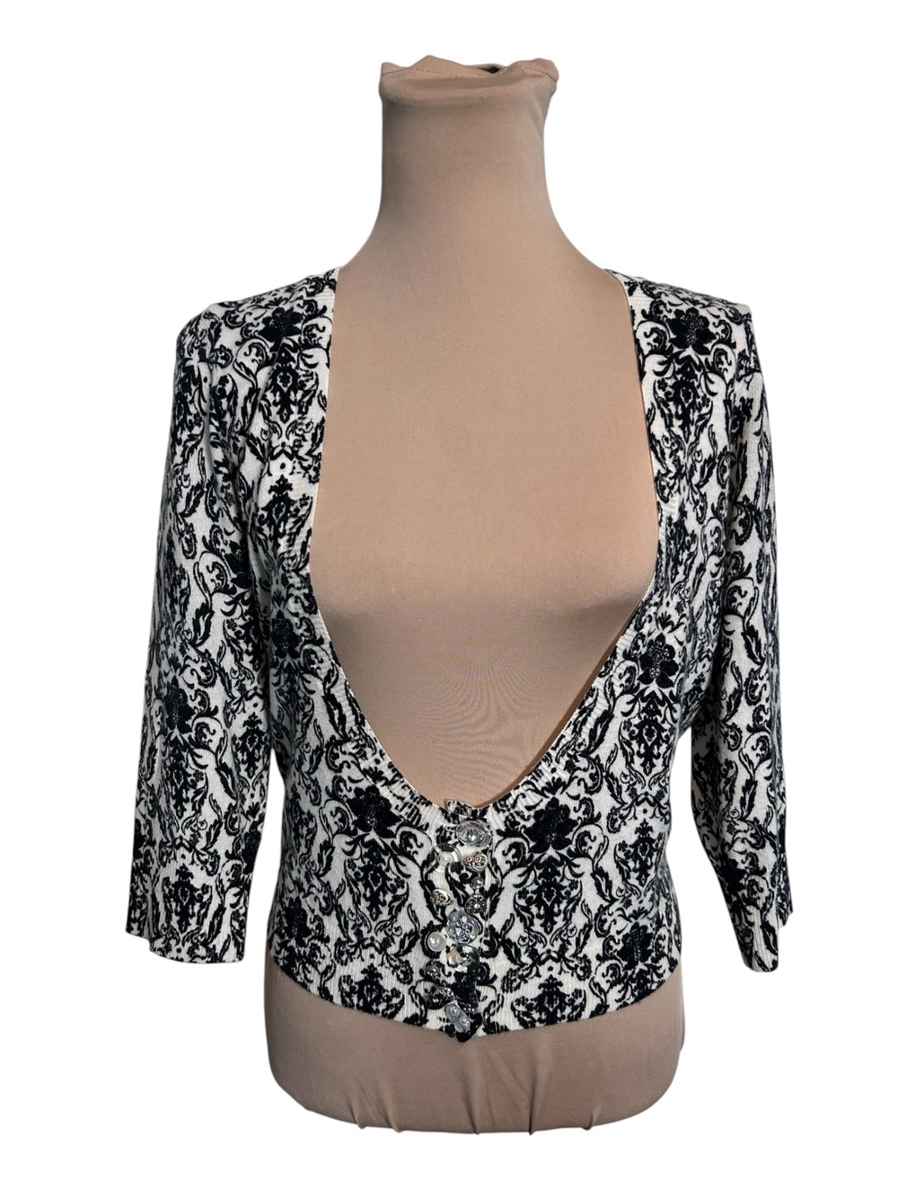 Vintage dELiA*s Damask Print Cropped Cardigan - Size M, Black/White